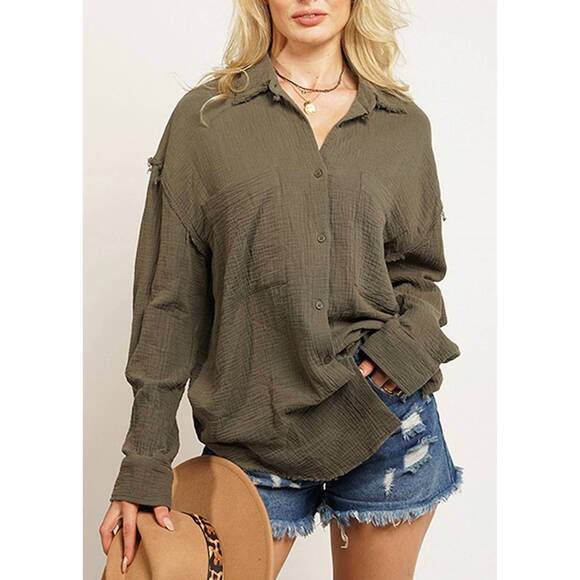 GEEGEE Tops - NEW GEEGEE oversized gauze button front shirt in olive